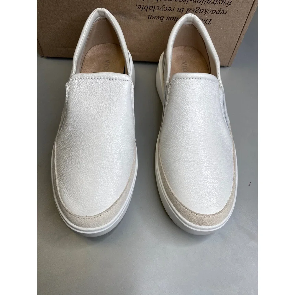 Vionic Kearny White Leather Slip On Sneakers Silver Metallic Heel Womens 9
